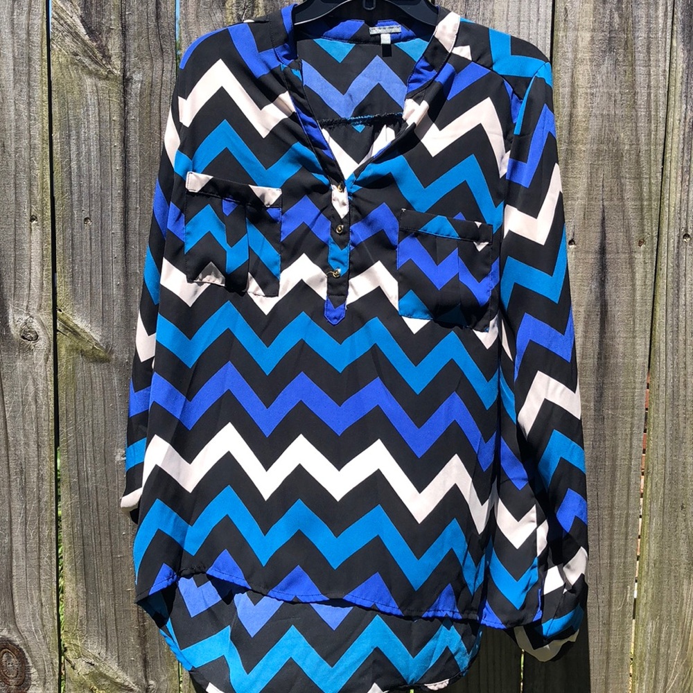 Blue Chevron Long Sleeve Flowy Blouse
